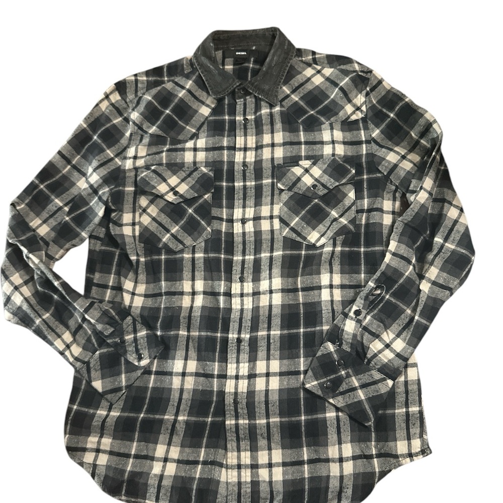 Diesel Men's Black and cream plaid Button down w blk distressed denim collar
